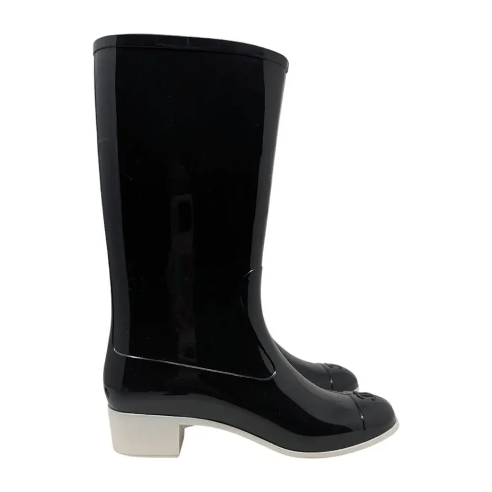 Chanel Rain Boots CC Logo Cap Toe Waterproof Knee Height Glossy Black 41 | 10.5